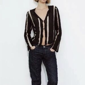 Zara Black and Cream Striped Blouse, size Small